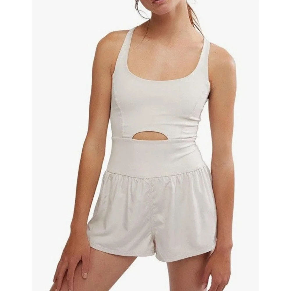 Free People FP Movement Righteous Runsie XS Mineral Bath Cream Romper Cutout